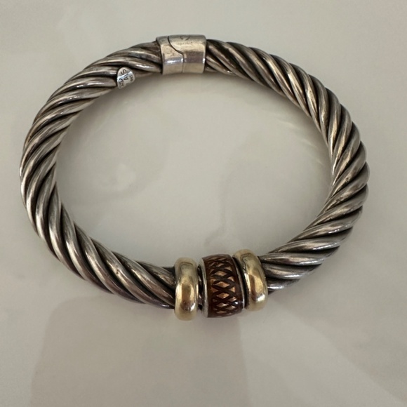 ALS Italy Sterling Silver & 18K Gold Cable Bangle Hinged Bracelet - Picture 3 of 14